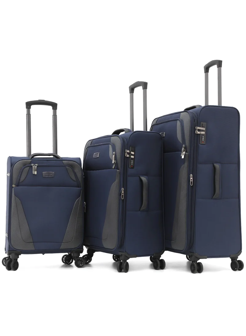تيتان TITAN 3-Piece Soft Trolley Luggage Set, Double Spinner Wheels, (NAVY)